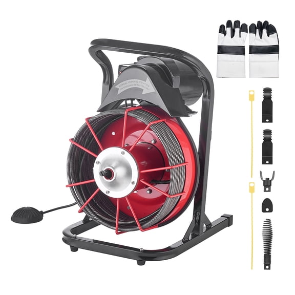 KFFKFF Drain Cleaning Machine 75 FT x 3/8 Inch, Manual Feed Sewer Snake with 4 Cutters & Foot Switch for 2" to 4" Pipe Cleaning