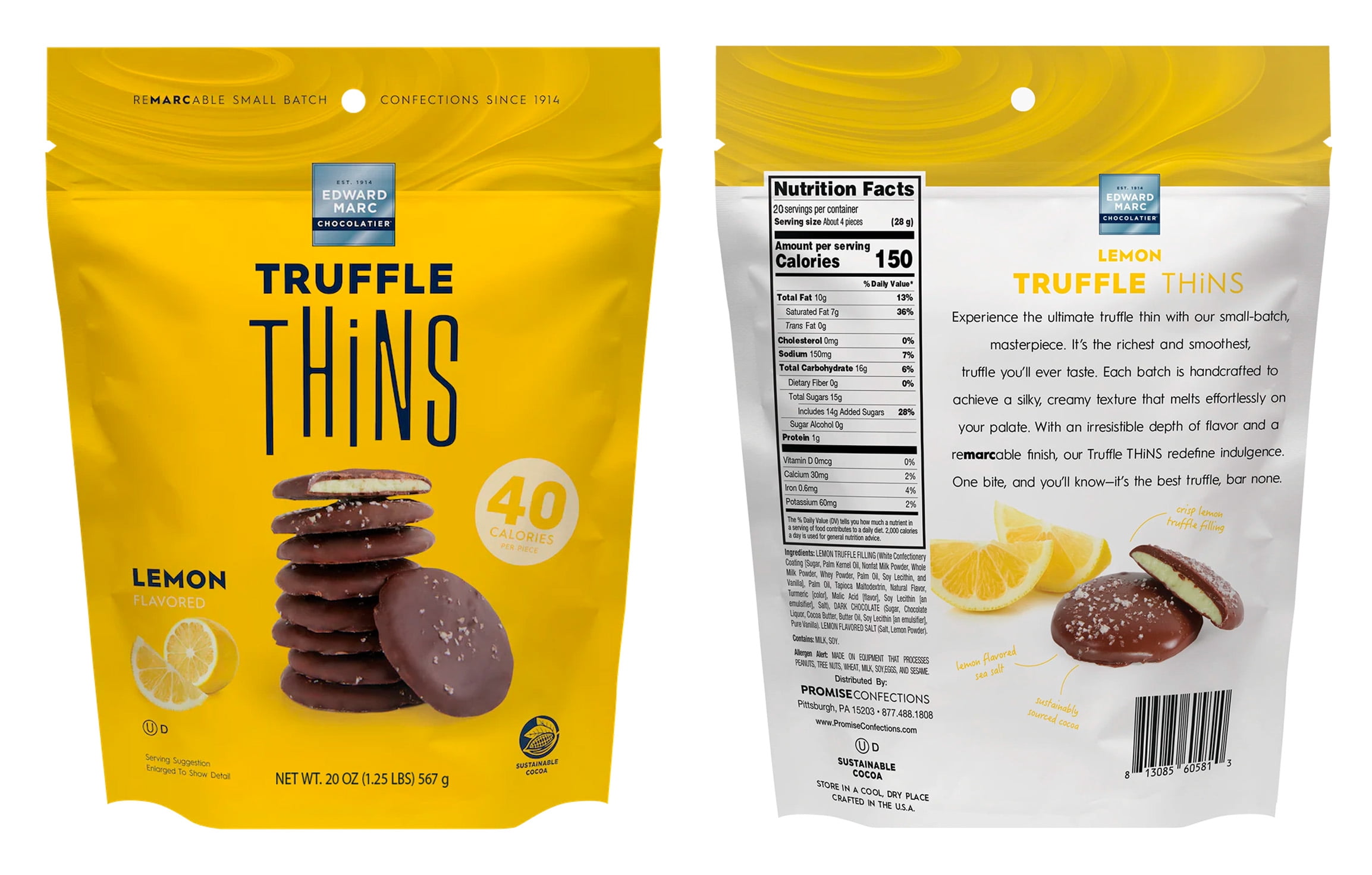 Edward Marc Chocolatier Lemon Truffle Thins, Dark Chocolate & Lemon Filled Crisps with Sea Salt, 20 oz Bag