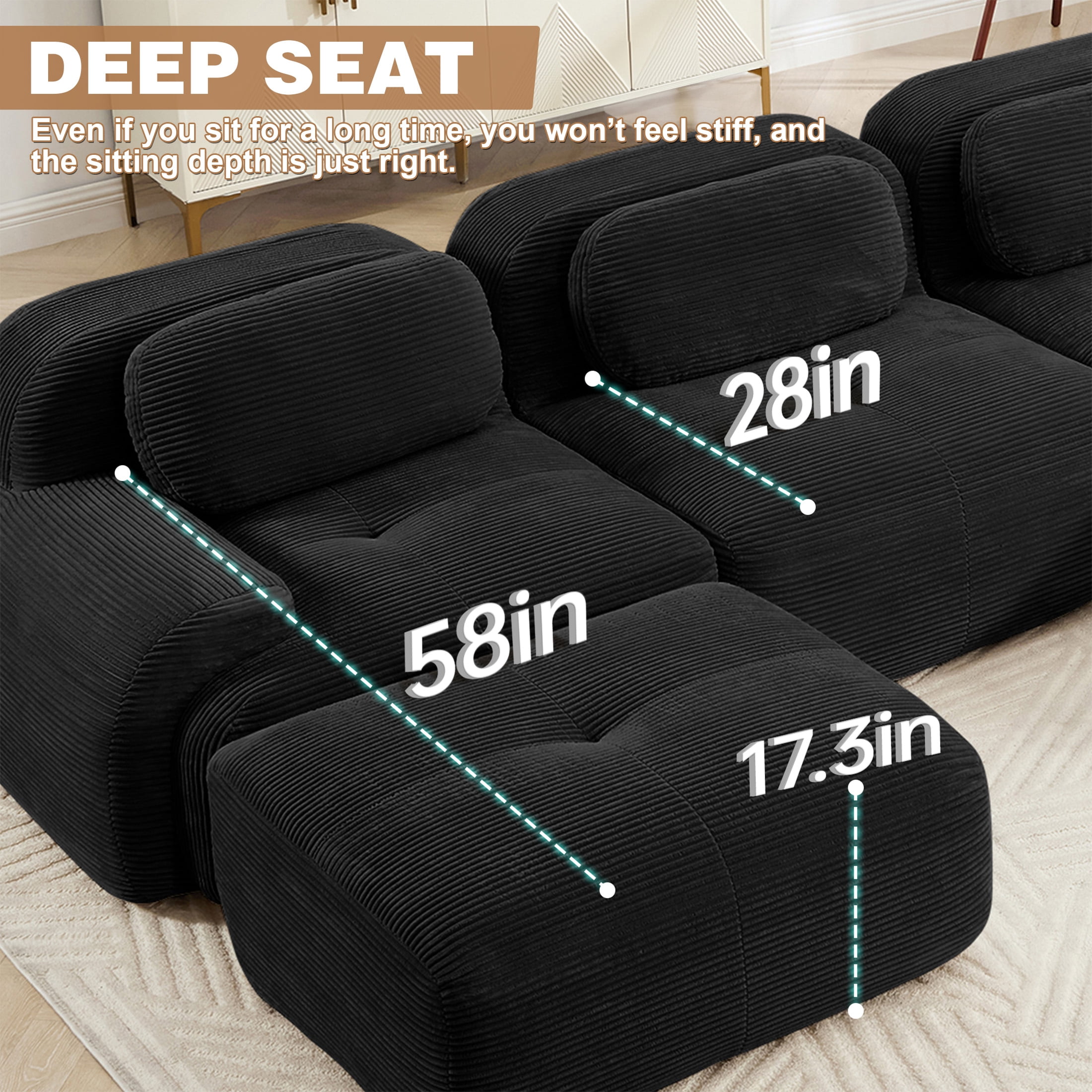 Aukfa 118" L-Shaped Modular Sofa, Oversized 3-Seater w/ Deep Seat, Ottoman, Corduroy, No Assembly, Black
