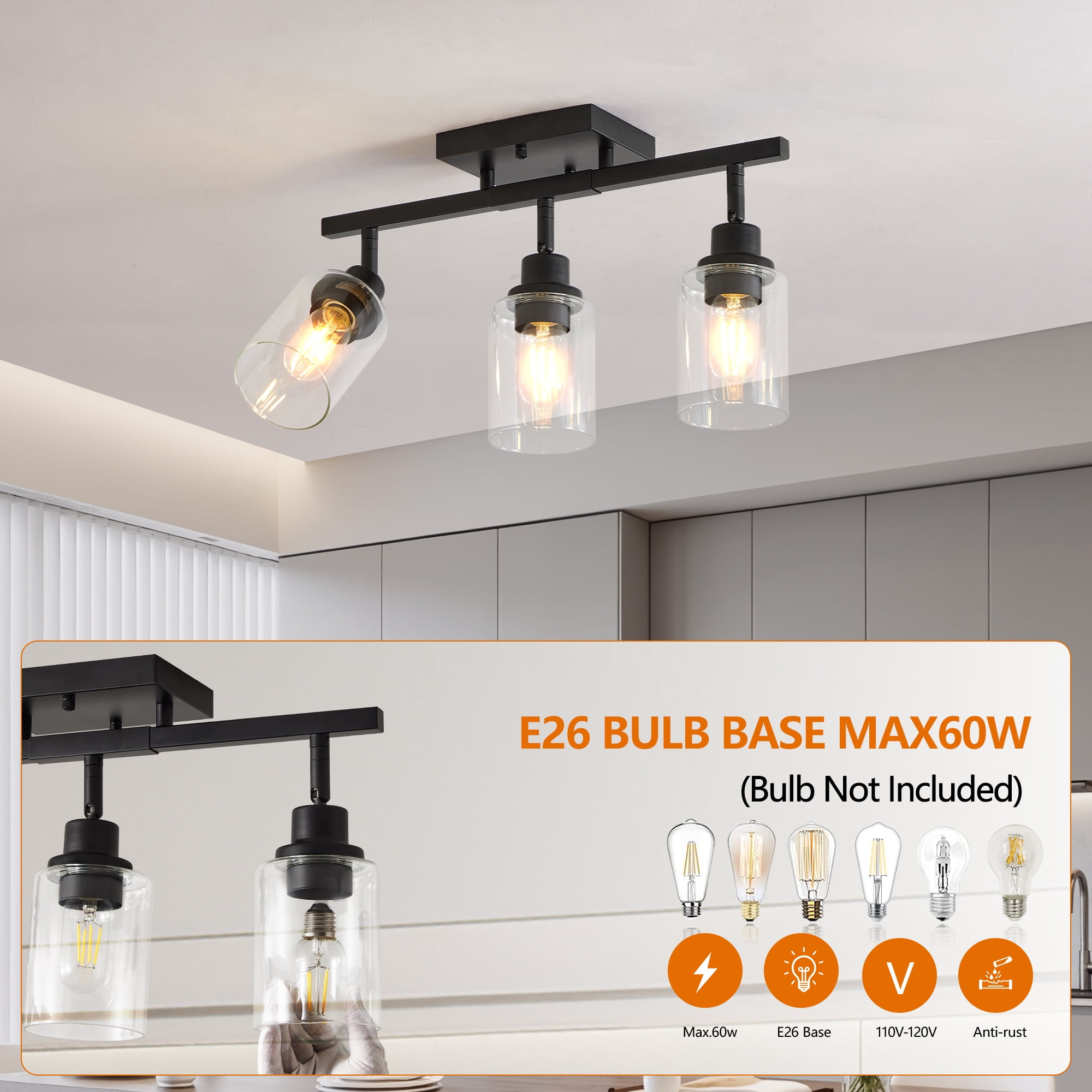 Leumius 3-Light Semi Flush Mount Ceiling Light, Adjustable Kitchen Light Fixtures Ceiling Mount with Clear Glass Shades, Rotatable Black Track Lighting Fixtures for Hallway, Foyer, Bedroom(No Bulbs)