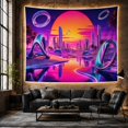 thumbnail image 6 of Futuristic City Among Purple Dunes and Chrome Loops, Dreamy Retro Style for Synthwave Fans, Sci Fi Wall Art, Housewarming Gift, Tapestry Wall Hanging for Bedroom and Gaming Room, 6 of 7