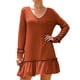 thumbnail image 1 of Vestido informal holgado de manga larga con escote en V y volantes en color marrón oscuro, talla XL, para el trabajo, citas, vacaciones y más, 1 of 6
