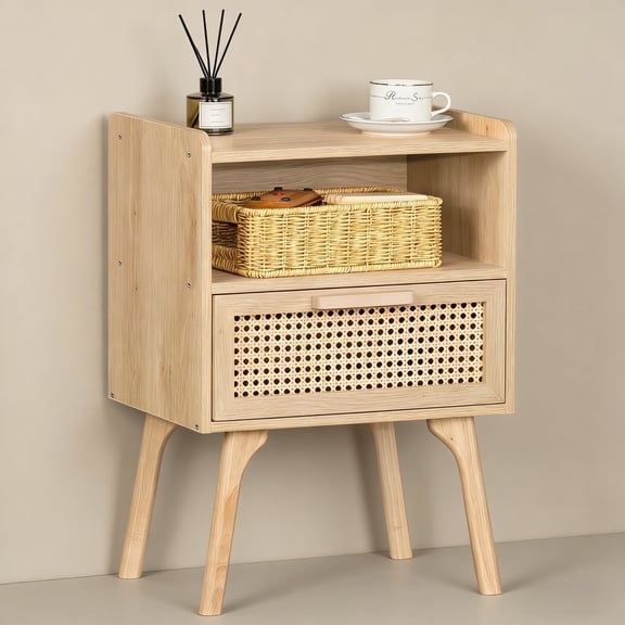 LELELINKY Mid Century Nightstand with Rattan Accents, Bedside Table with Drawer and Open Shelf, Solid Wood Legs, Wood