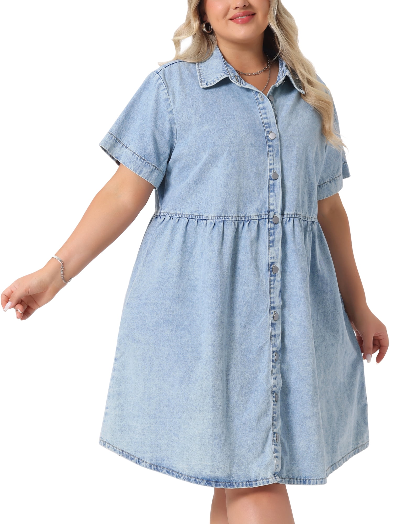 DARING DIVA Women's Plus Size Casual Denim Babydoll Pockets Dress 2X Light Blue