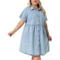 thumbnail image 2 of DARING DIVA Stylish Plus Size Denim Babydoll Pockets Dress 1X Light Blue, 2 of 6