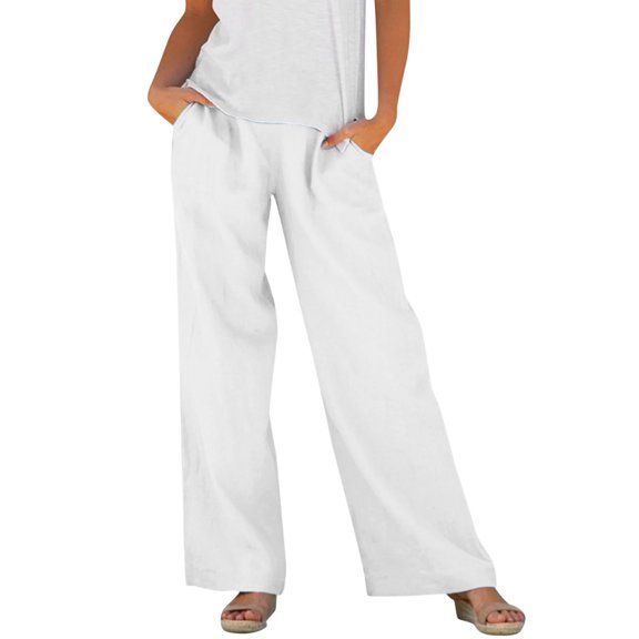 Levmjia Womens Pants Casual Wide Leg Elastic Waist Cotton Linen Trousers With Pockets Comfortable Loose Fit Pants Spring Summer Home Office Travel Everyday Wear