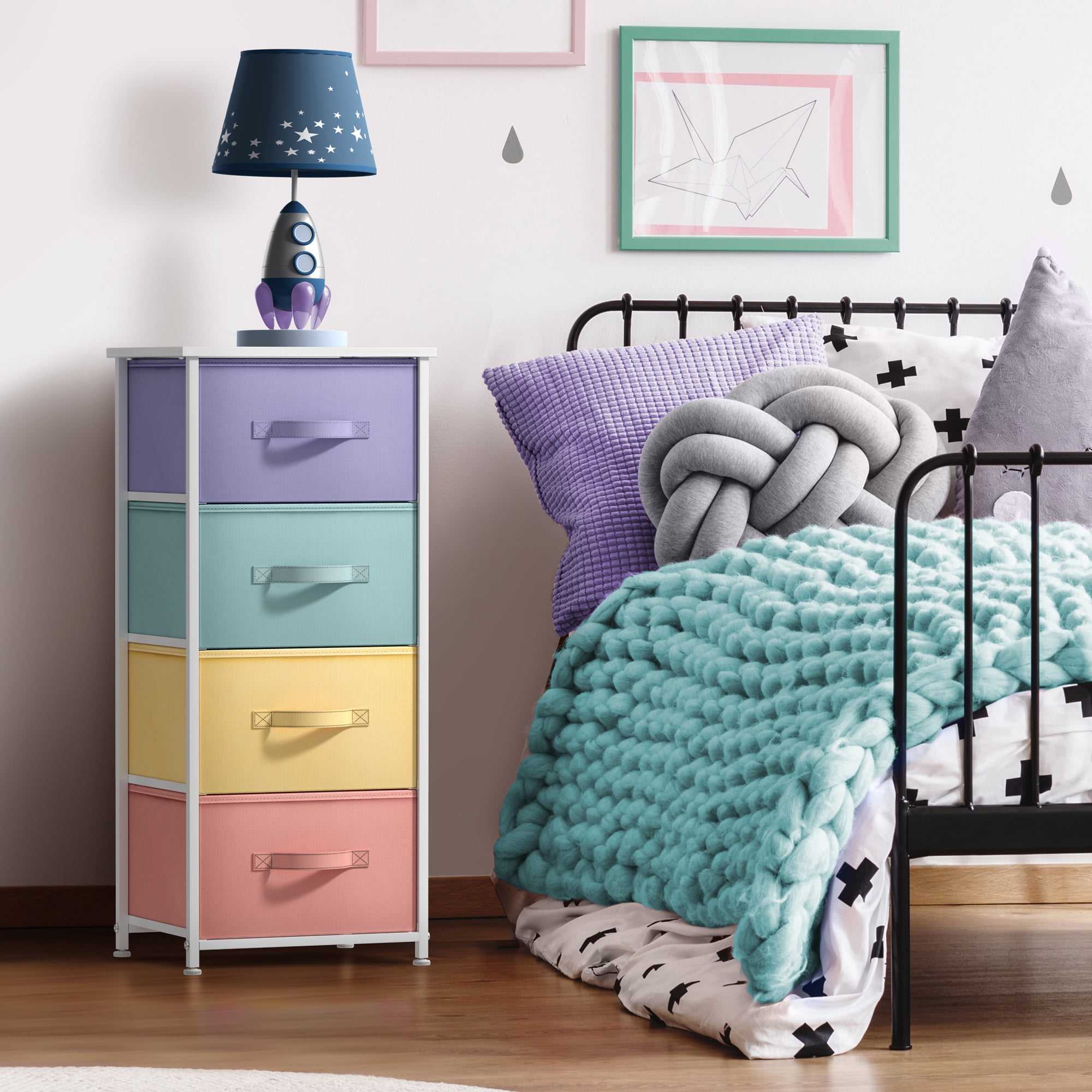 Sorbus 4-Drawer Nightstand, Bedside Table with Steel Frame, Wood Top, Multi Pastel