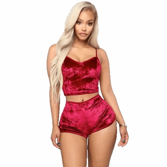 Women's Velvet Halter Sleepwear Set, Burgundy, Large