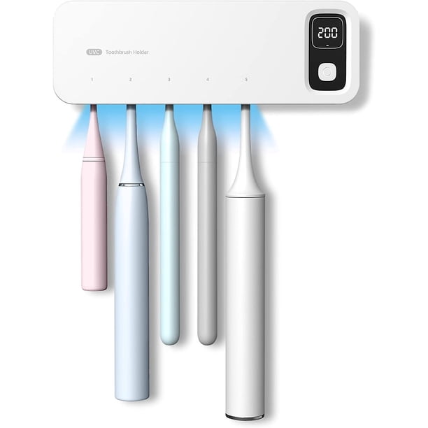 Desinfectante para cepillos de dientes, función de secado por ventilador de 5 ranuras y soporte y desinfectante para cepillos de dientes sin taladros, esterilizador de cepillos de