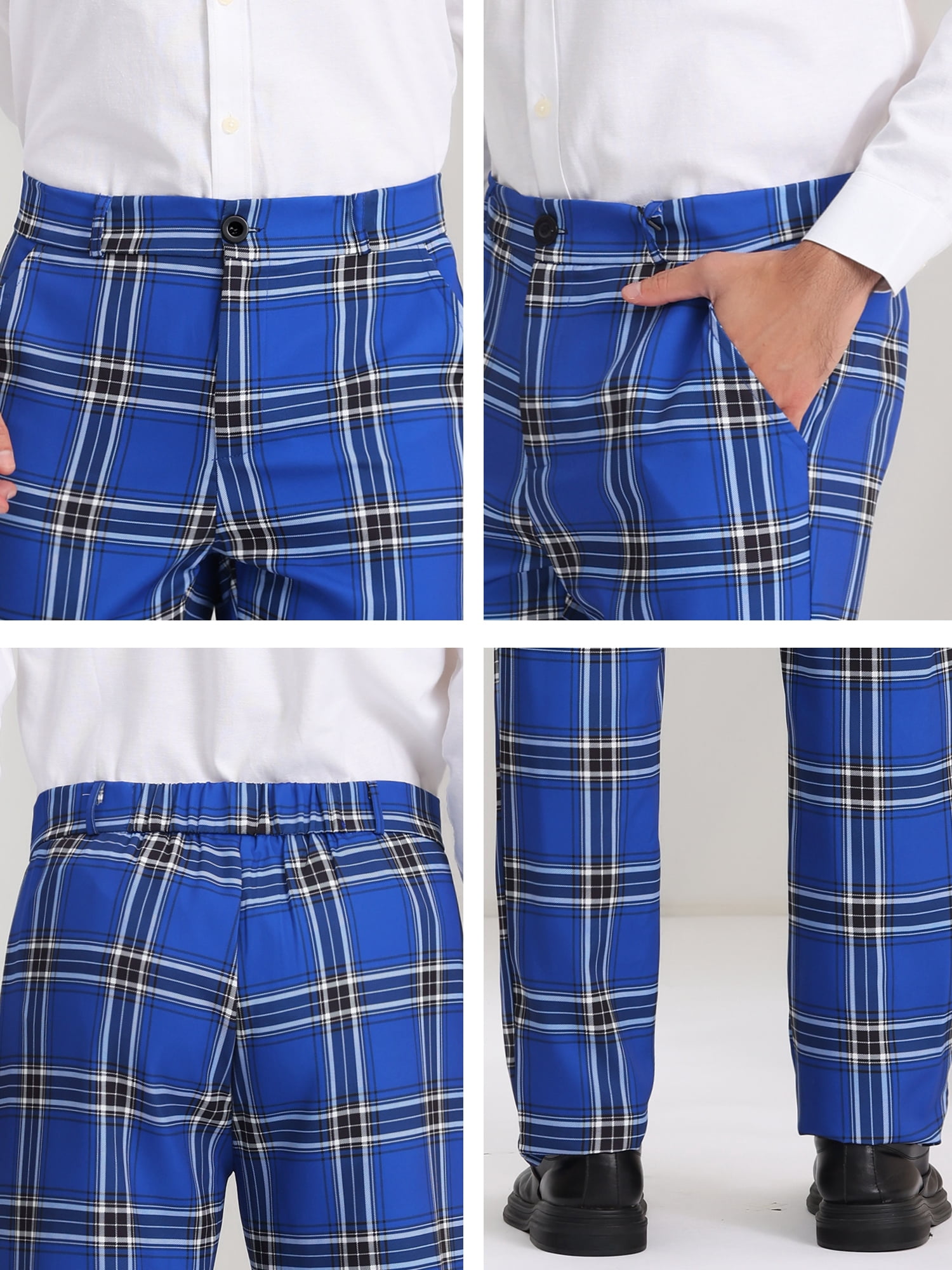 Unique Bargains Men's Dress Pants Casual Flat Front Stretch Business Plaid Pants 28 Navy Blue