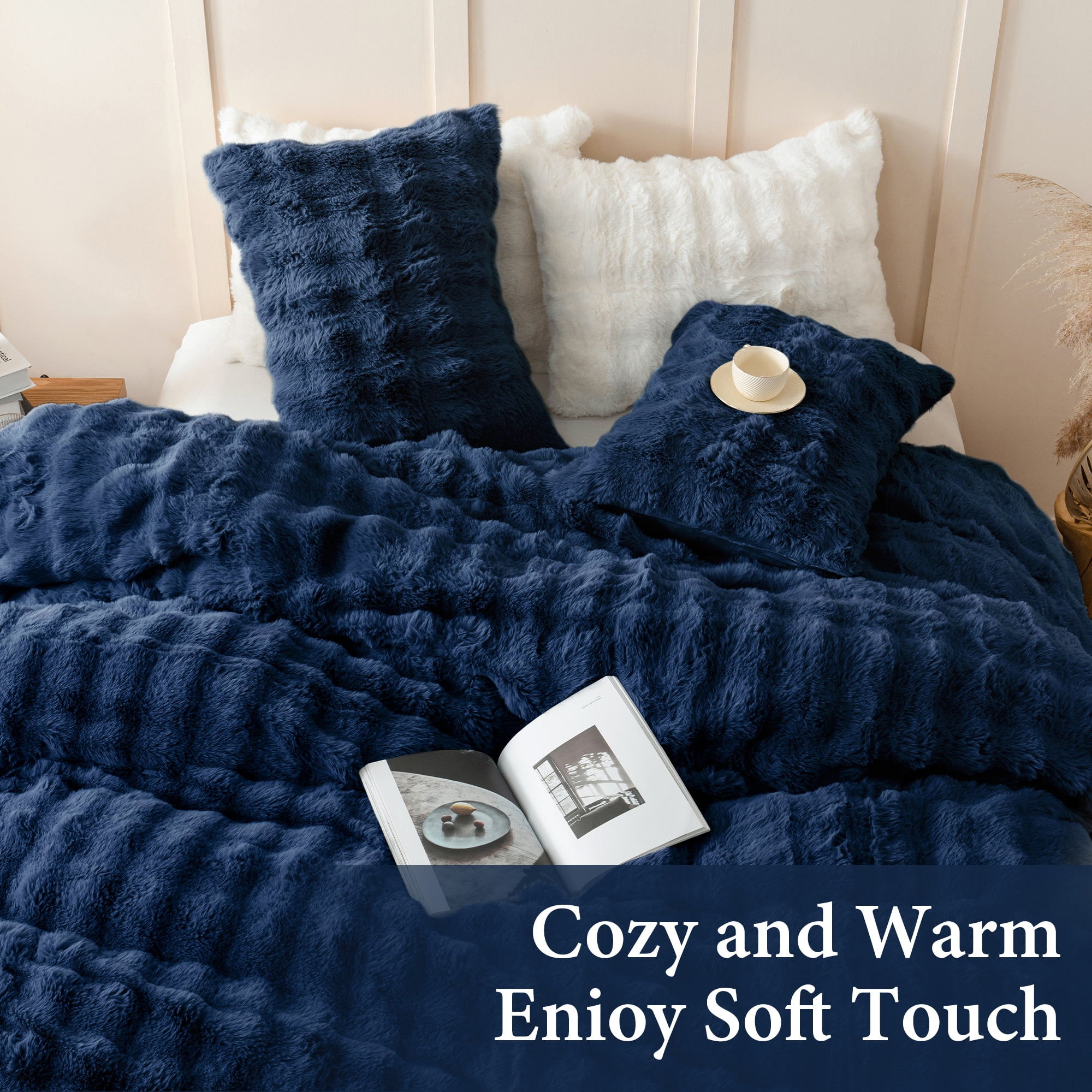 BLEUM CADE 3 Piece Fluffy Comforter Set King Size,Fuzzy Soft Faux Rabbit Fur Bedding Set,Shaggy Plush Duvet Cover Set with 2 Pillowcases,Navy Blue