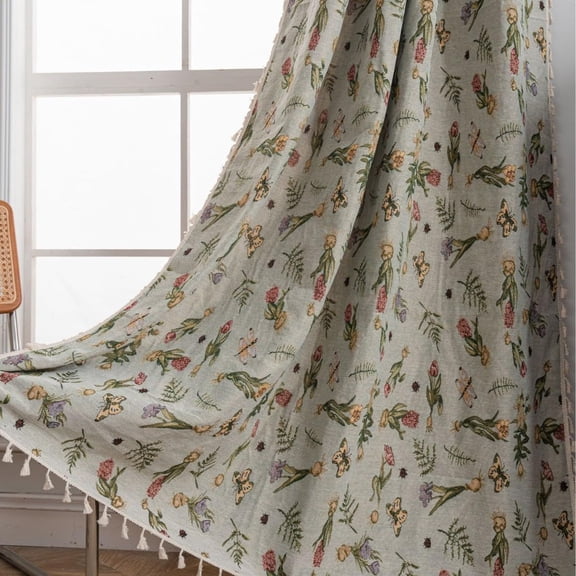 Boho Tassel Curtain 87 Inch Length Floral Jacquard Drape Rod Pocket Semi-Blackout Bohemian Window Treatment for Bedroom Living Room (1 Panel, 59" W x 71" L)