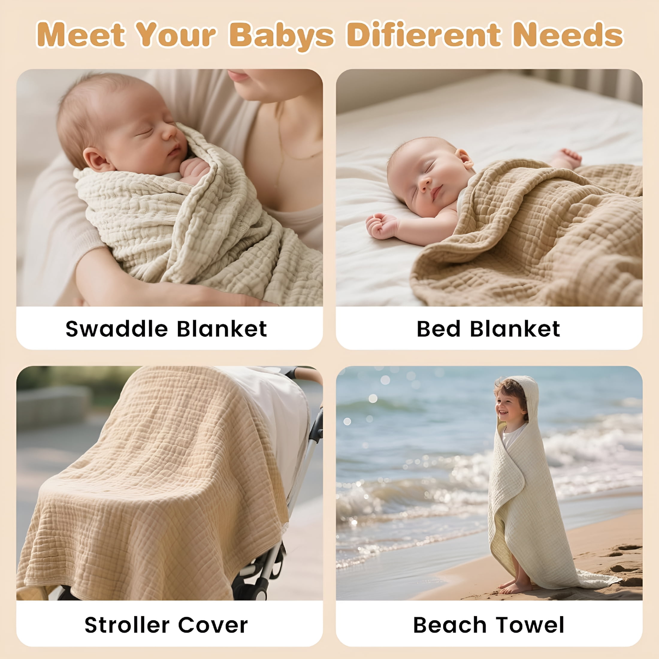 ARLAJO Hooded Baby Bath Towels for Newborn,2 Pack - 6-Layer 100% Muslin Cotton,Soft Absorbent Baby Towels with Hood for Babies,Infants & Toddlers,Large 32X32 Inch Unisex Newborn Baby Bath Essentials