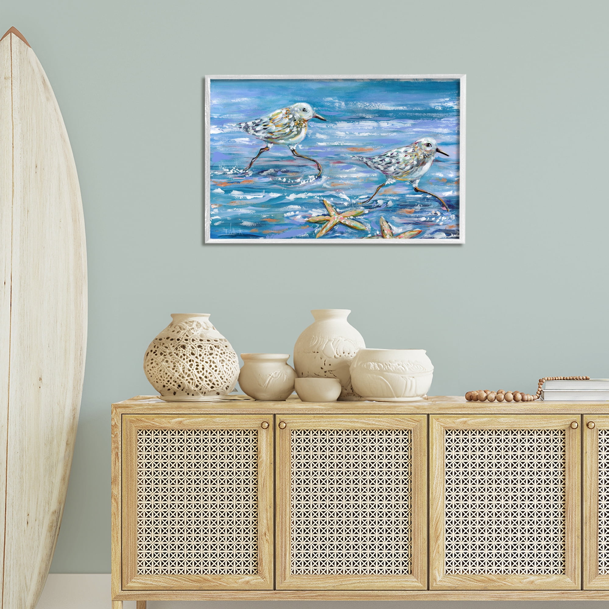 Stupell Industries Running Sea Sandpipers Coastal Painting White Framed Art Print Wall Art, 30 x 20