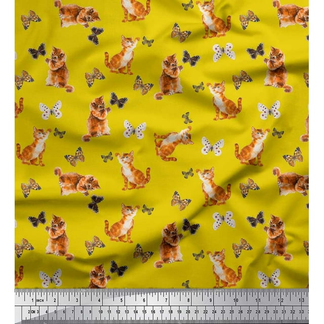 Soimoi Yellow Cotton Jersey Fabric Insect & Cat Animal Print Fabric by Yard 58 Inch Wide
