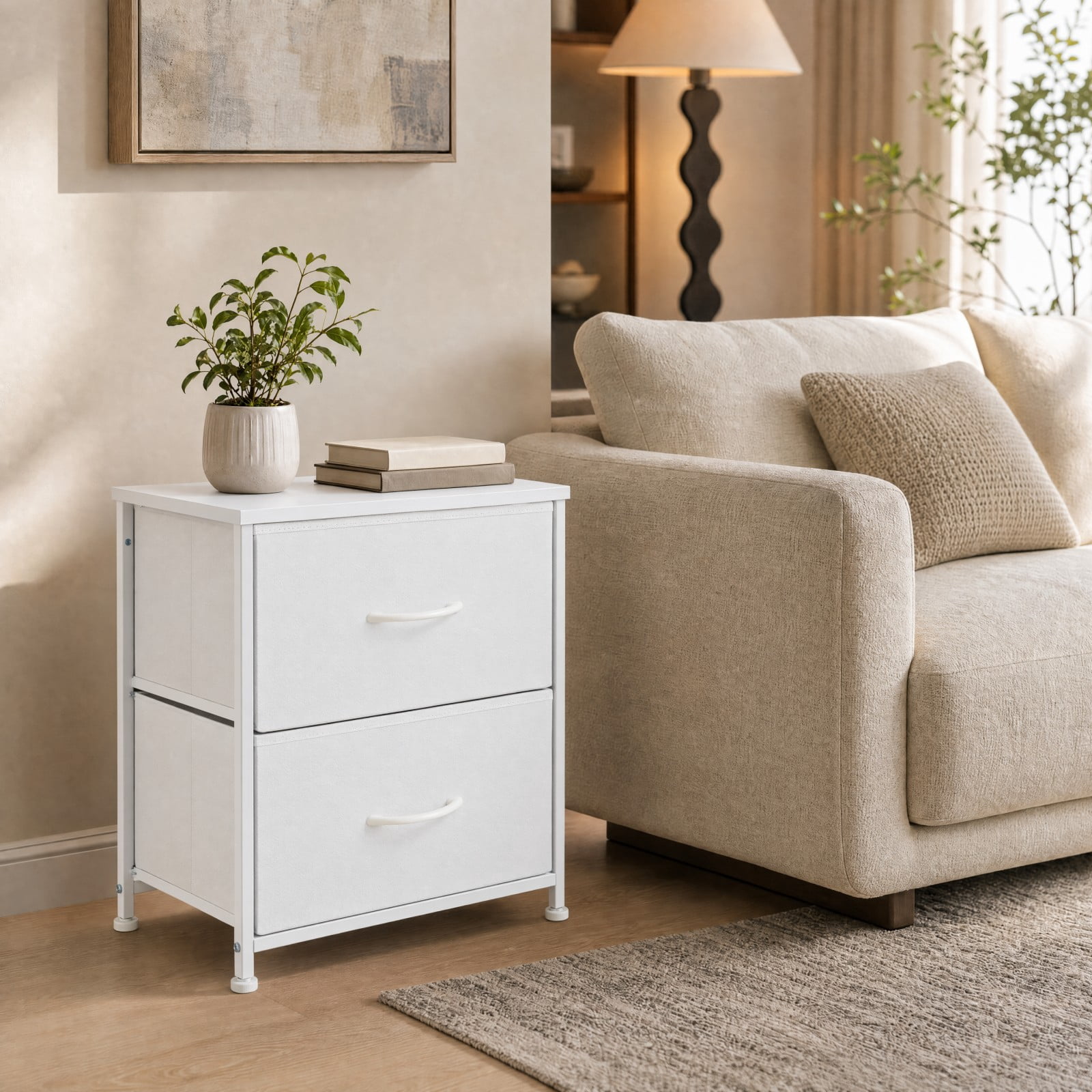 Telyra Fabric Nightstand with 2 Drawers 20" Bedside Table with Wood Top and Steel Frame Small Storage Organizer, White