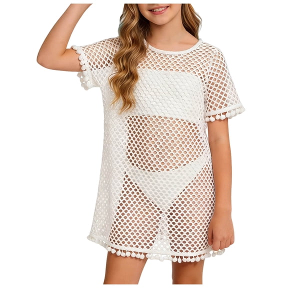 BOBOGOJP Girls Crochet Swim Cover Up Short Sleeve V Neck/Crewneck Swimsuit Summer Boho Hollow Out Beach Short Coverups White for Size 7-8 Years