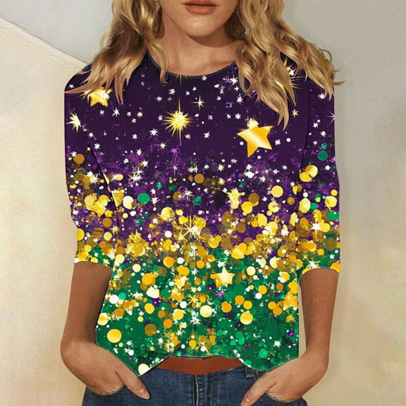 SOOMLON Mardi Gras Tops for Women Carnival Tops Tuesday Party 3/4 Sleeve Shirts Funny Print Outfits Trendy Crew Neck Tshirts New Orleans Holiday Blouses 2025 Purple XL