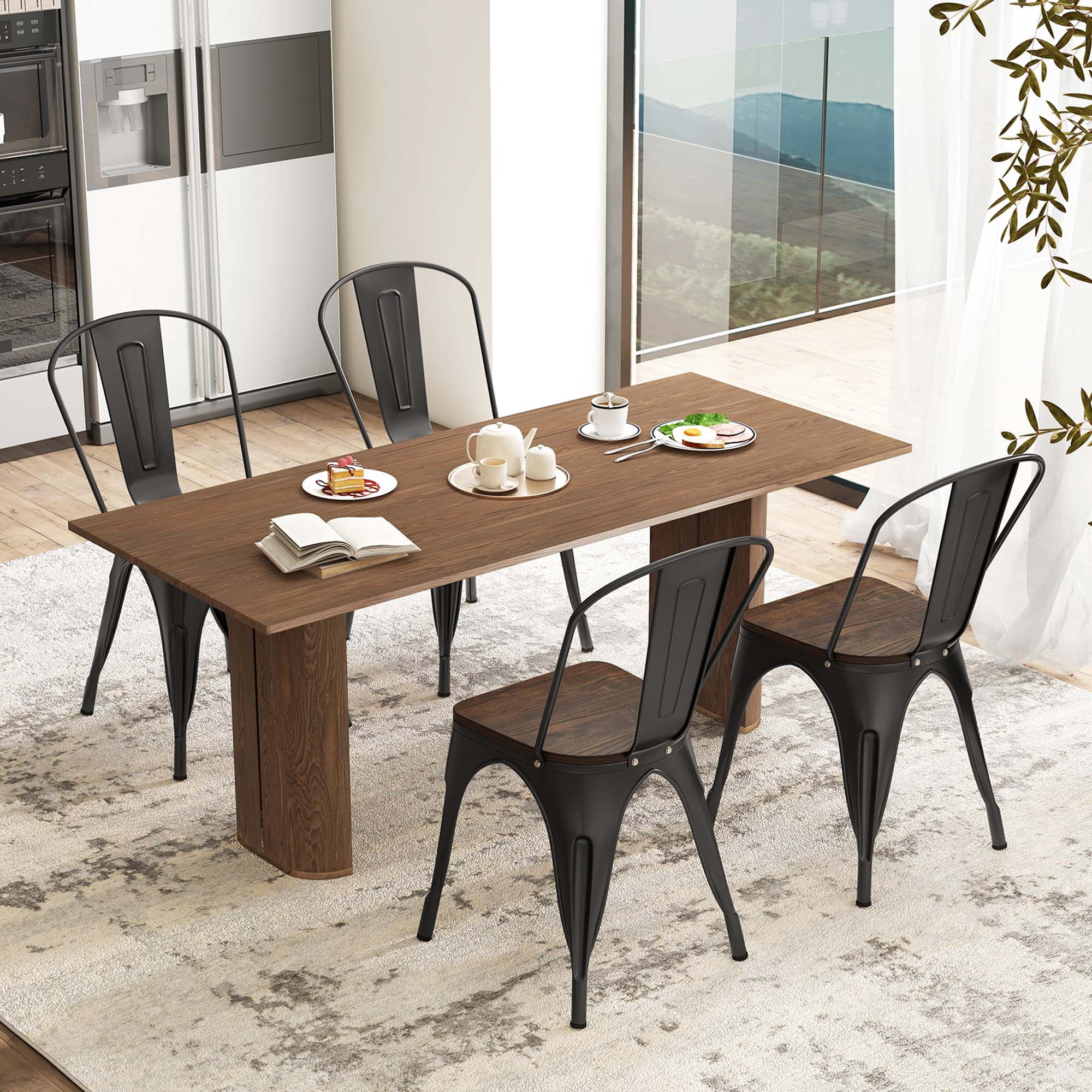 Gymax Tolix Style Metal Dining Chairs Set of 4 w/ Wood Seat & Removable Backrest Black