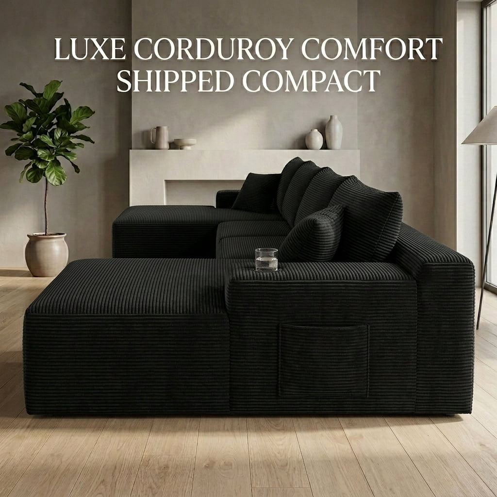 Howcool 134" Modular Cloud Couch, U-Shaped Sectional Sofa with Double Chaise, Oversized Deep Seat Boneless Corduroy Sofa with Cup Holders & Side Pockets, No Assembly Required, Black