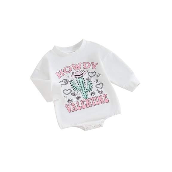 Infant Baby Girls Romper, Long Sleeve Crew Neck Letters Cactus Print Fall Bodysuit Valentines Day Clothes