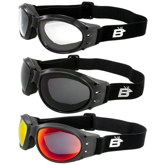 Birdz Eyewear Padded Motorcycle Riding Goggles 3 Pairs Black Frames with Clear Smoke & ReflecTech Red Mirror