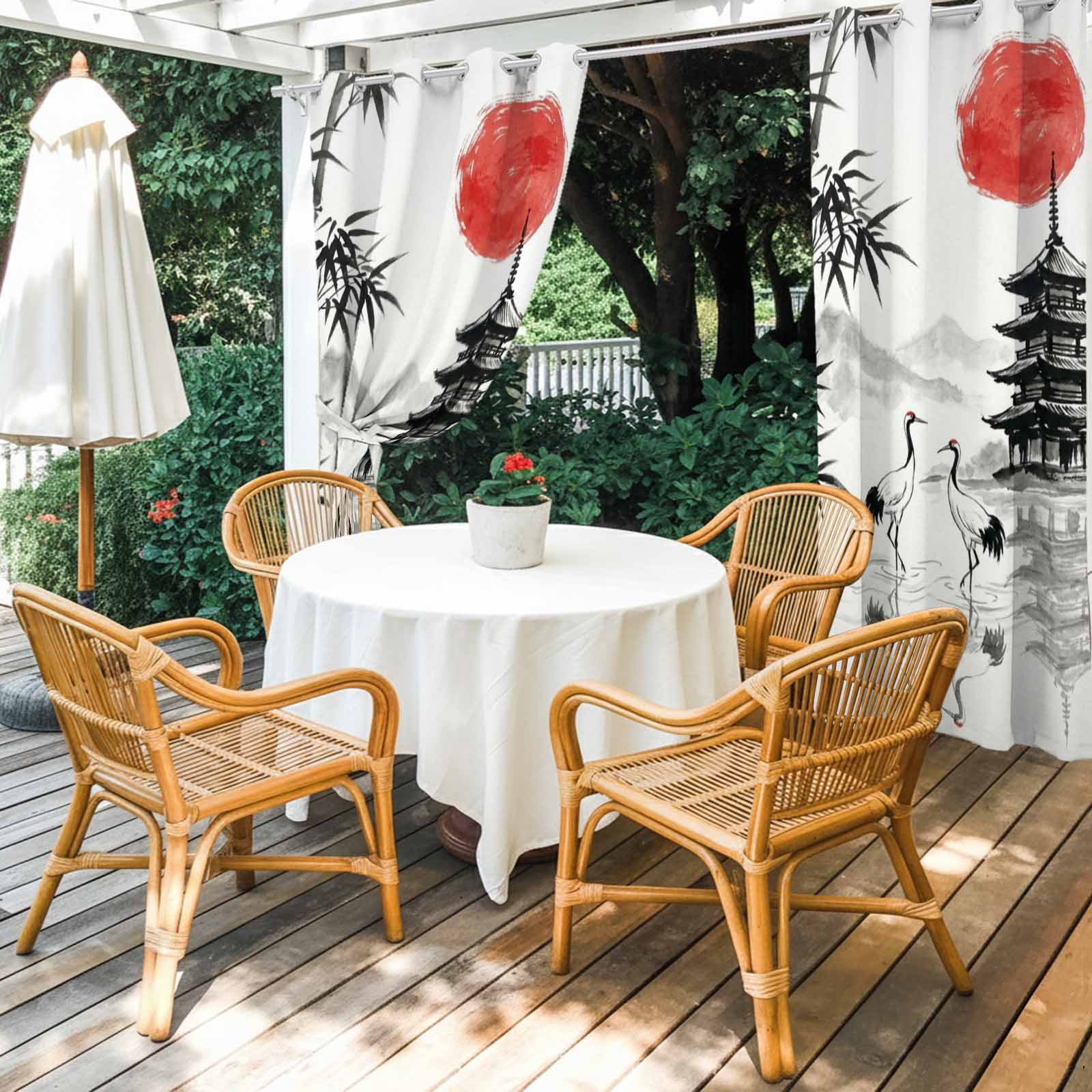 White Crane Outdoor Curtains for Patio, Ink Wash Gray Black Bamboos Trees Japanese Pagoda Red Sun Sunshade Privacy Drapes Grommet Waterproof Outside Curtains for Porch Balcony 54"x108", 1 Panel