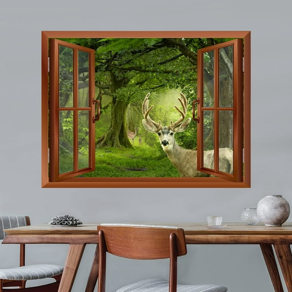 wall26 - Deers in a Mystical Forest Outside of an Open Window | Removable Wall Sticker/Wall Mural - 36"x48"