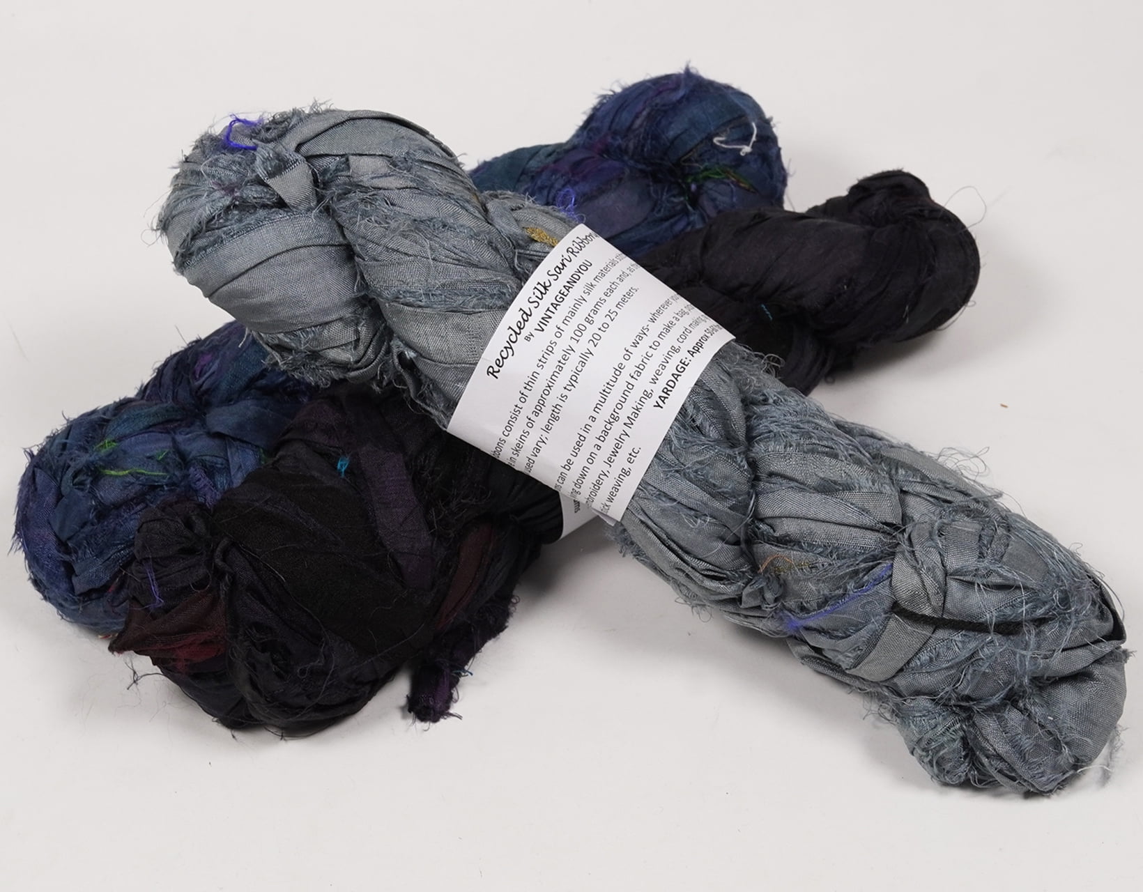 Vintageandyou 300g Recycled Sari Silk Ribbon Yarn | Pack of 3 Upcycled Silk Skeins | Handcut & Hand Joined Ribbon for Crochet, Macram, Weaving, Knitting, Jewelry Making & Fiber Art | Blue