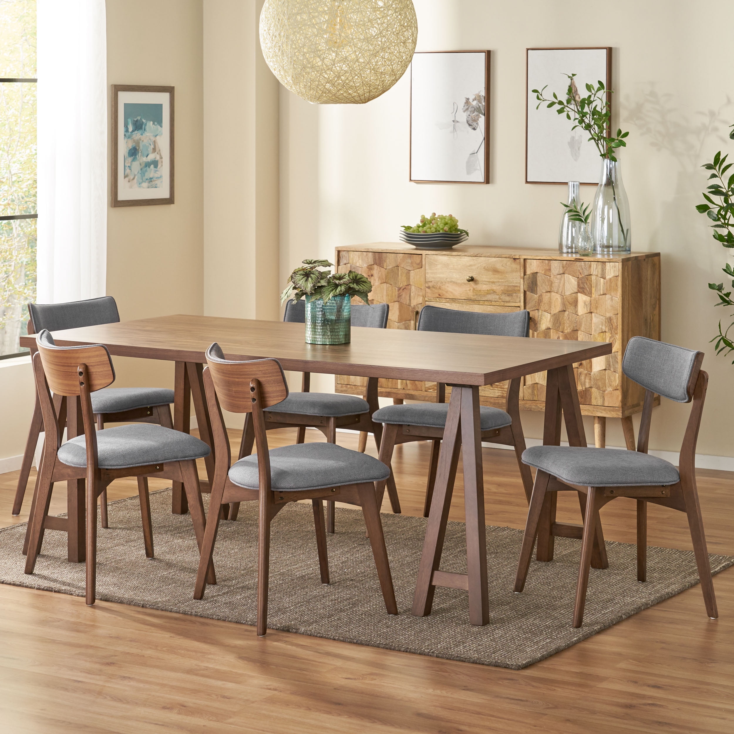 Noble House Sadie Indoor Rubberwood Dining Set, Dark Gray, Walnut