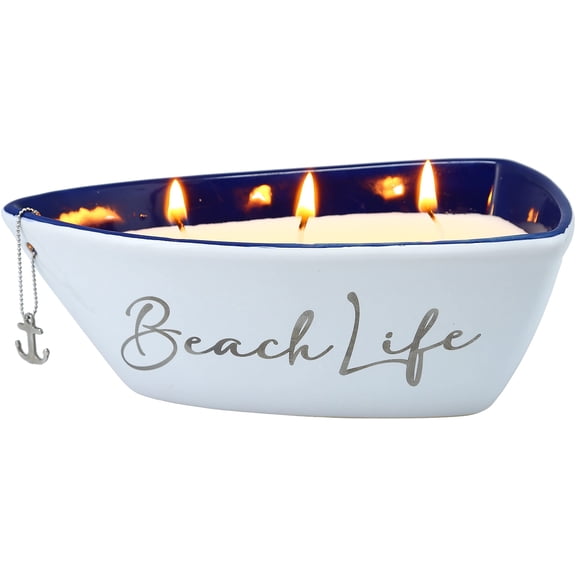 Pavilion Gift Company Beach Life-Triple Wick 10 oz 100% Soy Wax Scent: Fresh Linen with Silver Detail Accents. Candles, White