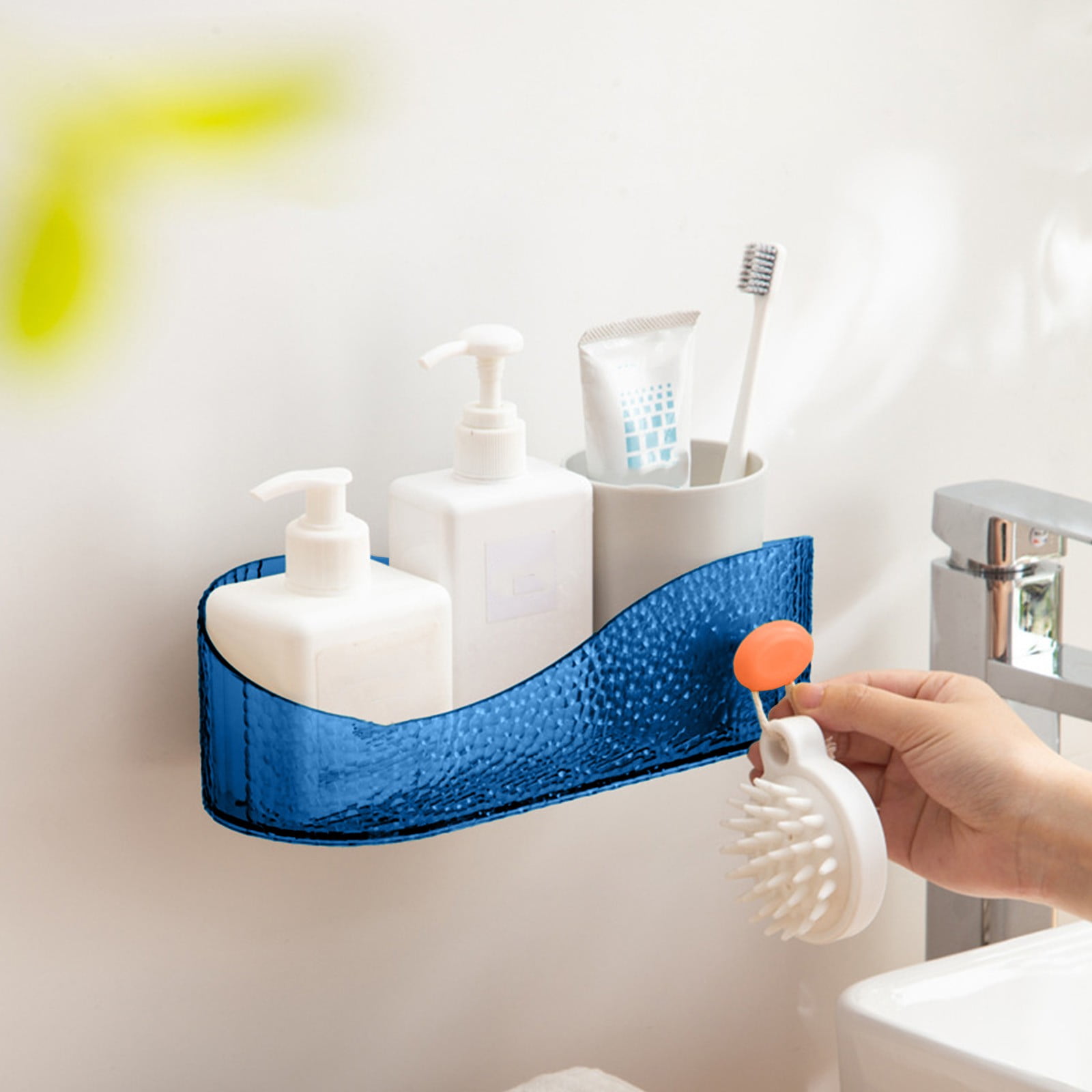 Blue Transparent Bathroom Storage Rack, Wall Mounted Cosmetic Organizer With Hooks And Drain Holes, Plastic Material For Toilet, Washbasin, And Shower, 10.4X5X8In 0.93Lb