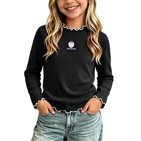 Girls Cotton Long Sleeve Shirts Crew Neck Cute Pullover Spring Fall Soft Comfy Casual Base Layer Tops (5-6Years Black)