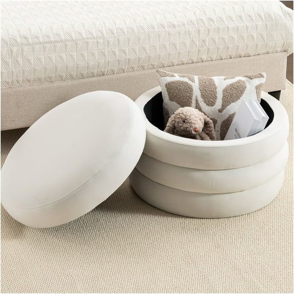 JERFIT Large Velvet Storage Ottoman Footstool with Reversible Tray Top for Living Room, Bedroom, Ivory
