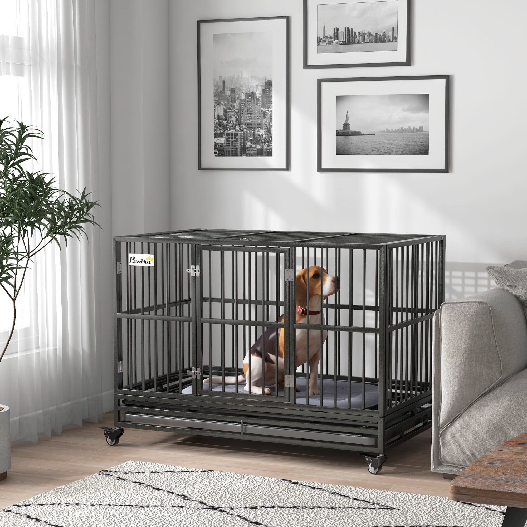 Dog Crate, PawHut 48" Heavy Duty Dog Crate Metal Cage Kennel with Lockable Wheels, Double Door and Removable Tray, Gray, Gray Pet Playpen,Steel Chicken Coop, Pet Supplies Pens & Hutches
