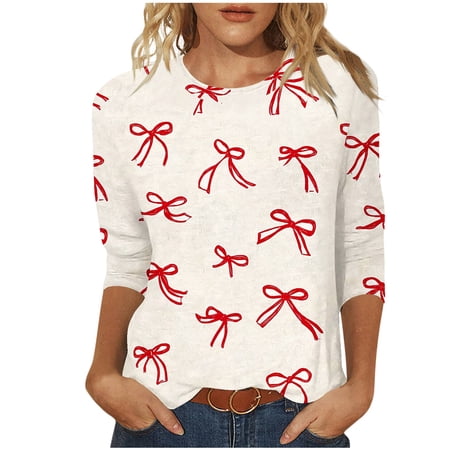 New Arrivals Valentine Heart Print Women's 3/4 Sleeve Round Neck Shirts Tops Valentine's Day Tops My Items