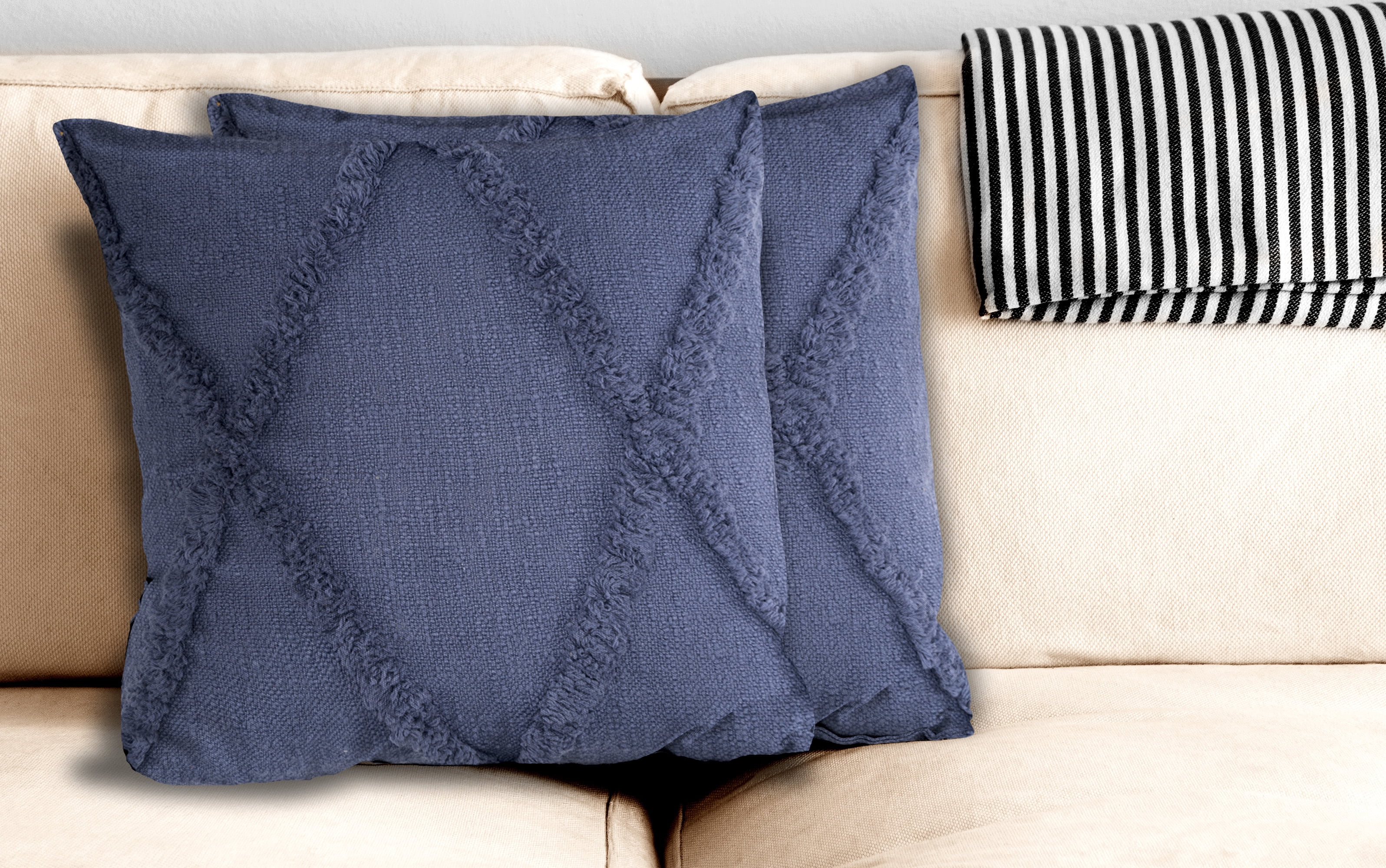 LR Home Sara Set of 2 Shag Diamond 18" x 18" Denim Cotton Adult Decorative Throw Pillows