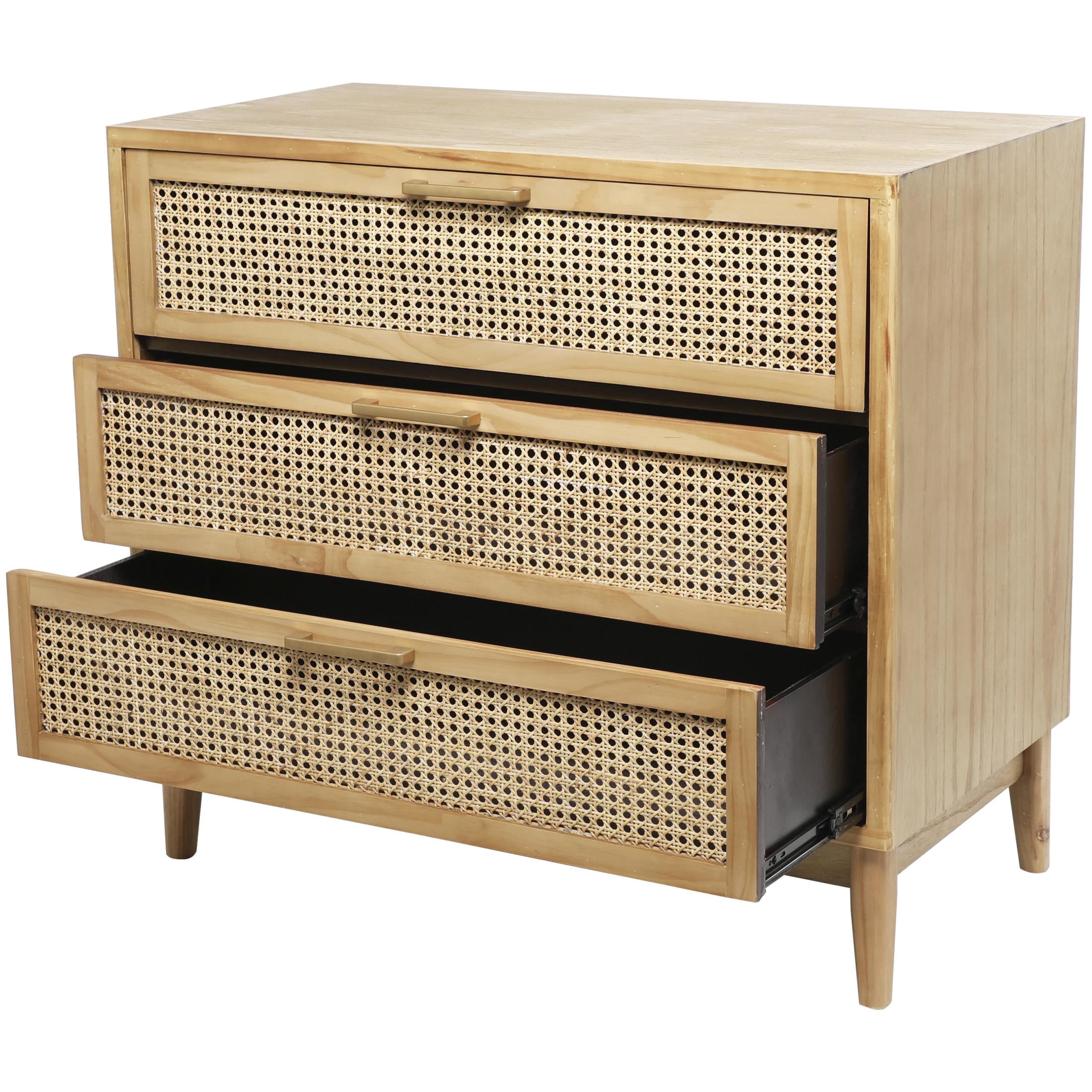 DecMode 36" x 32" Light Brown Wood 3 Drawer Chest with Beige Rattan Drawers and Gold Handles, 1-Piece