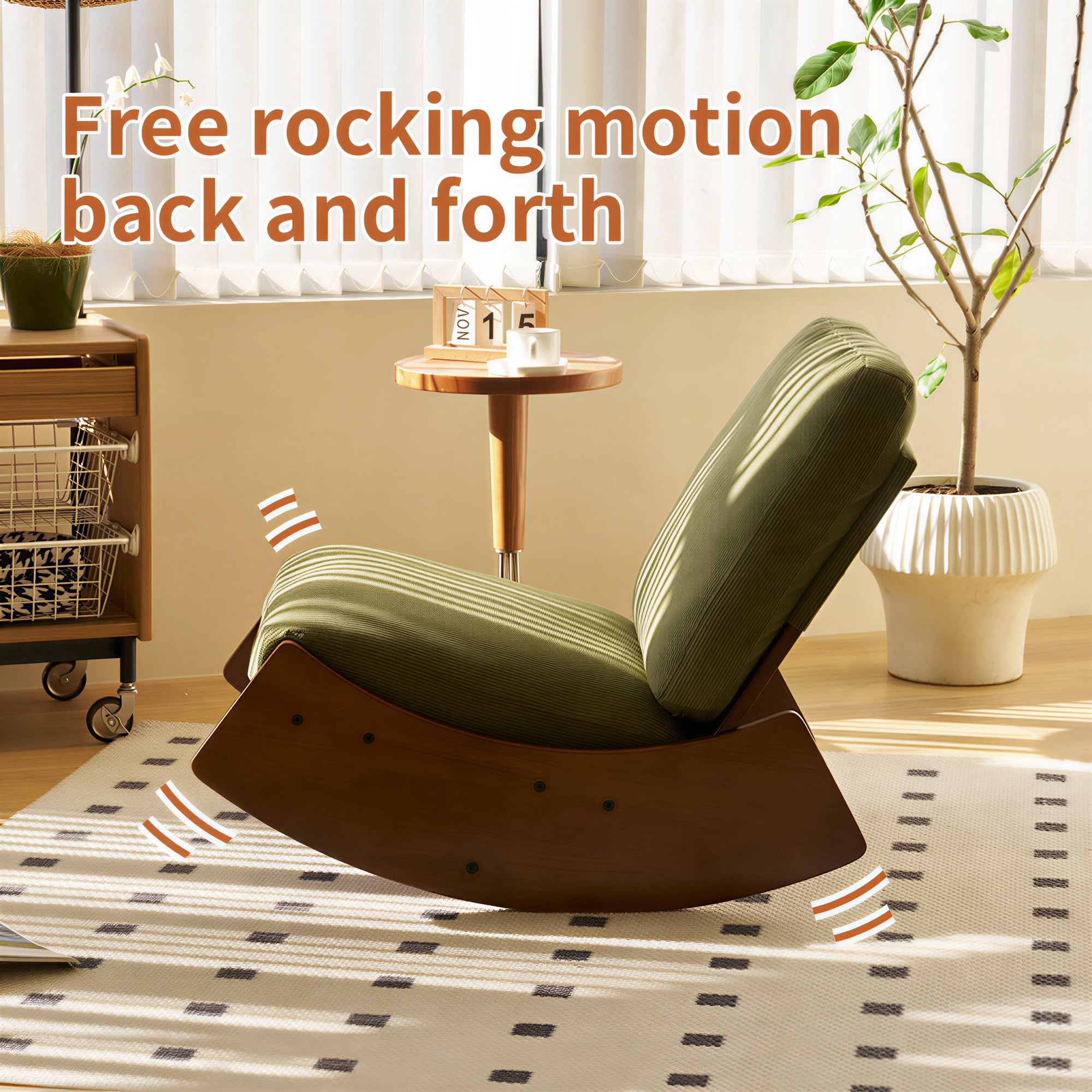 Peispie Upholstered Glider Rocking Chair for Nursery, Corduroy Accent Reading Chair with Solid Wood Frame & Side Pocket, Comfy Modern Lounge Armchair for Living Room Bedroom, 300 LBS, Green