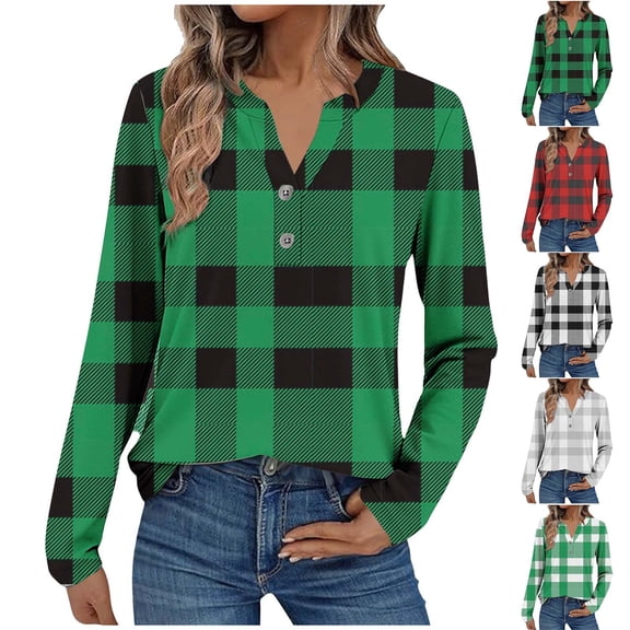 YHAJDS Casual Tops Womens Tops V Neck Button Random Plaid Print Long Sleeve Loose Spring Summer Top