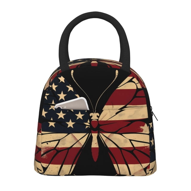 Fotbe Patriotic USA Butterfly Art Bolsa de Almuerzo con Estampado, Lonchera Aislada, Contenedor de Comida Reutilizable Tipo Cooler a Prueba de Fugas
