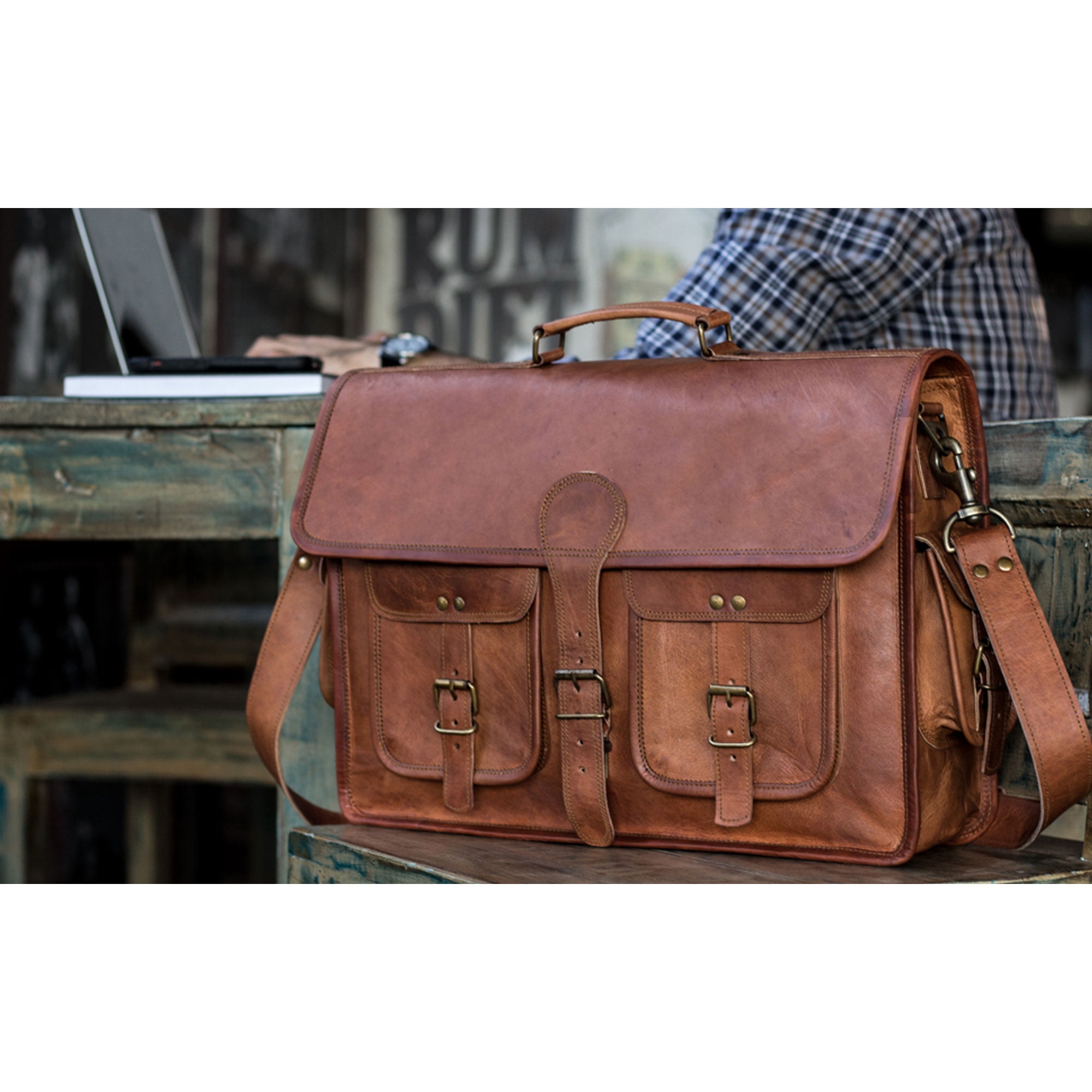 Leather briefcase laptop bag messenger satchel 16 Inch best Handmade Leather bag by Komal's passion leatherSALE, Brown, Large