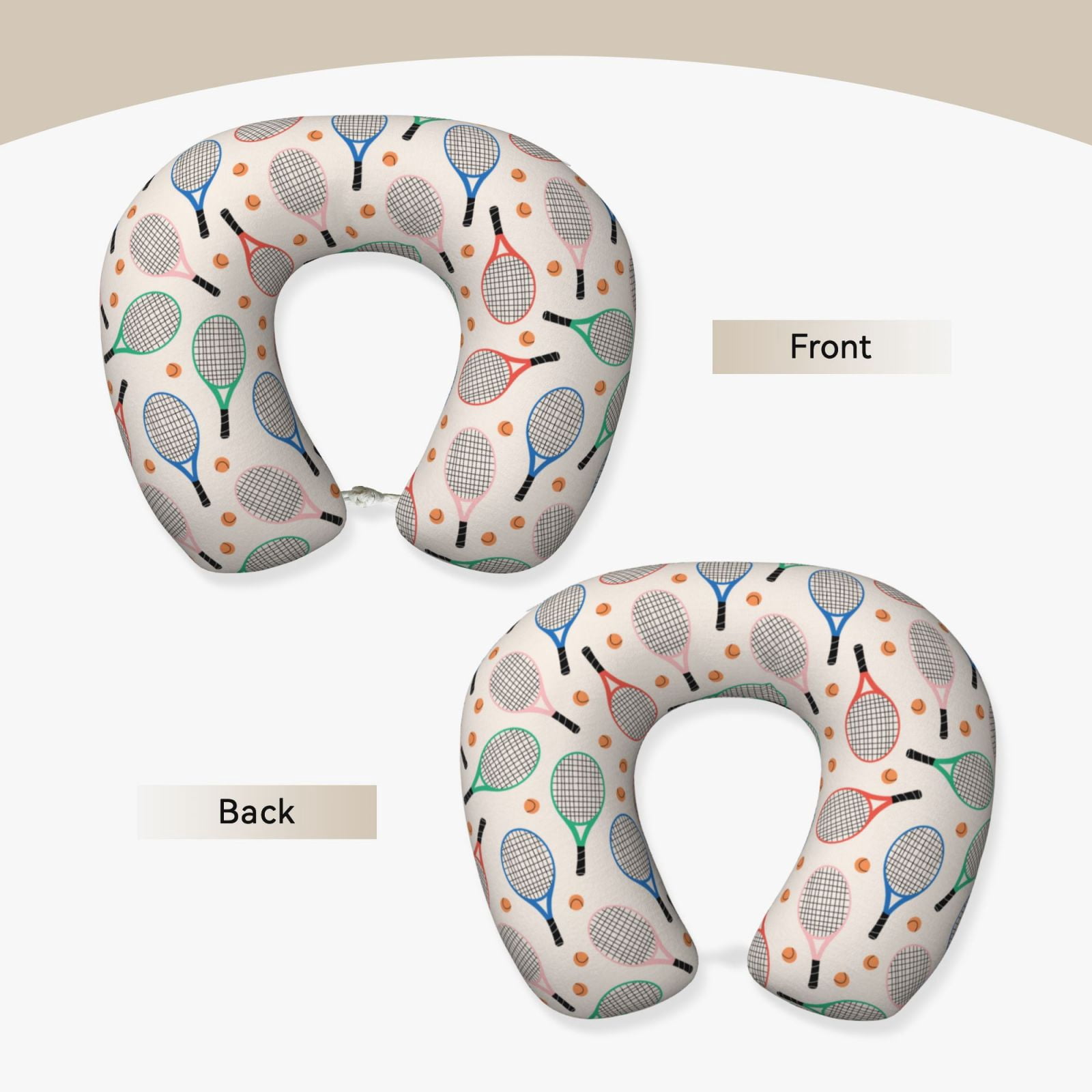 Xecao Cute Tennis Racket Print Memory Foam Cervical Neck Pillow Versatile U-Shaped Pillows for Home,Office,Camping,Travelling,Soft Washable Cover