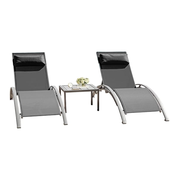 JERFIT 3-Piece Outdoor Patio Poolside Chaise Lounge Set with Side Table, 5-Position Adjustable Recliner Chairs, All-Weather Textilene Fabric & Rust-Proof Aluminum Frame, Dark Gray