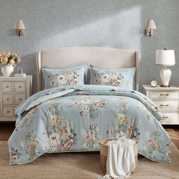 Cotton Bedding Set 7-Piece Cal King 7 Piece Vintage-inspired Collection floral print,Soft Blue,Comforter Set