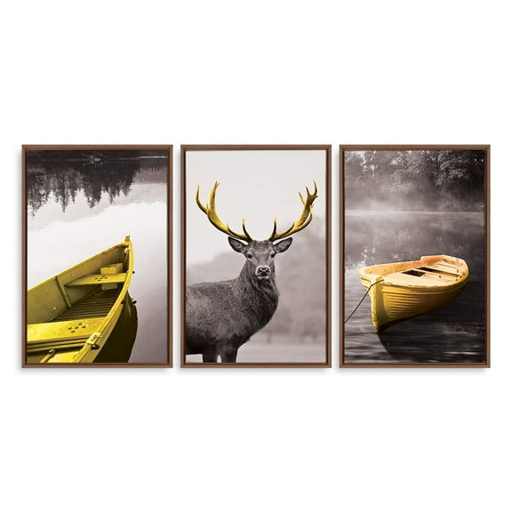 wall26 3 Panel Framed Canvas Wall Art for Living Room, Bedroom Deer with Gold Antlers Canvas Prints for Home Decoration Ready to Hang - 24"x36"x3 Panels