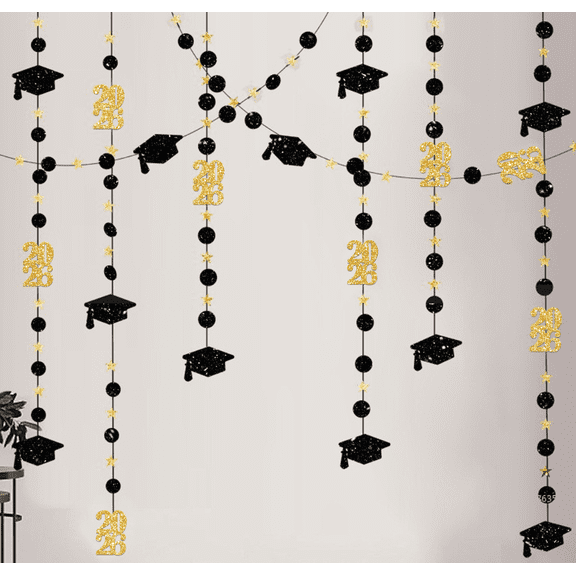 2026 Graduation Party Hanging Garland, Black and Gold Glitter, Grad Cap Circle Dot String Decorations