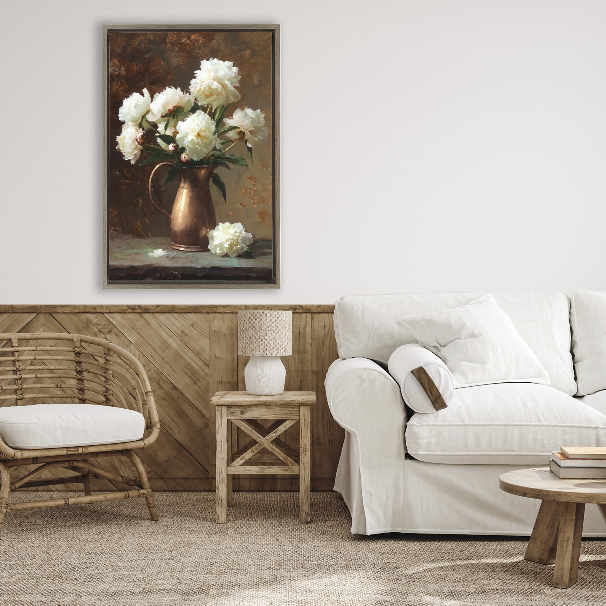 Stupell Industries Bronze Vase Peonies Brown Framed Floater Canvas Wall Art, design by Petal Prints Design
