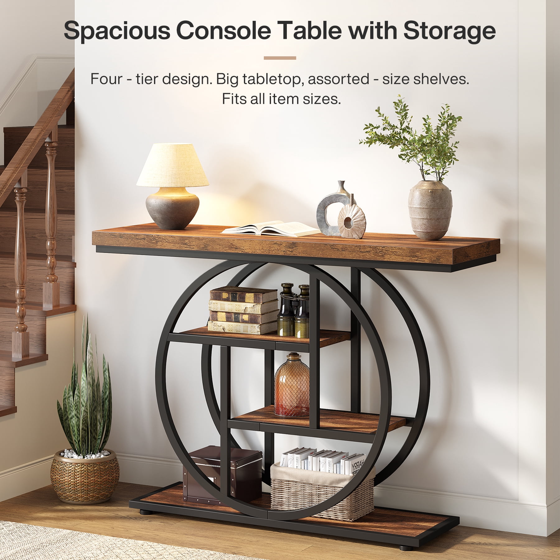 Fnova Console Table, Entryway Table with 4-Tier Storage Shelves, 42" Wood Modern Narrow Long Side Table, , Sofa Table, Accent Table for Living Room, Entryway, Hallway, Dark Brown and Black