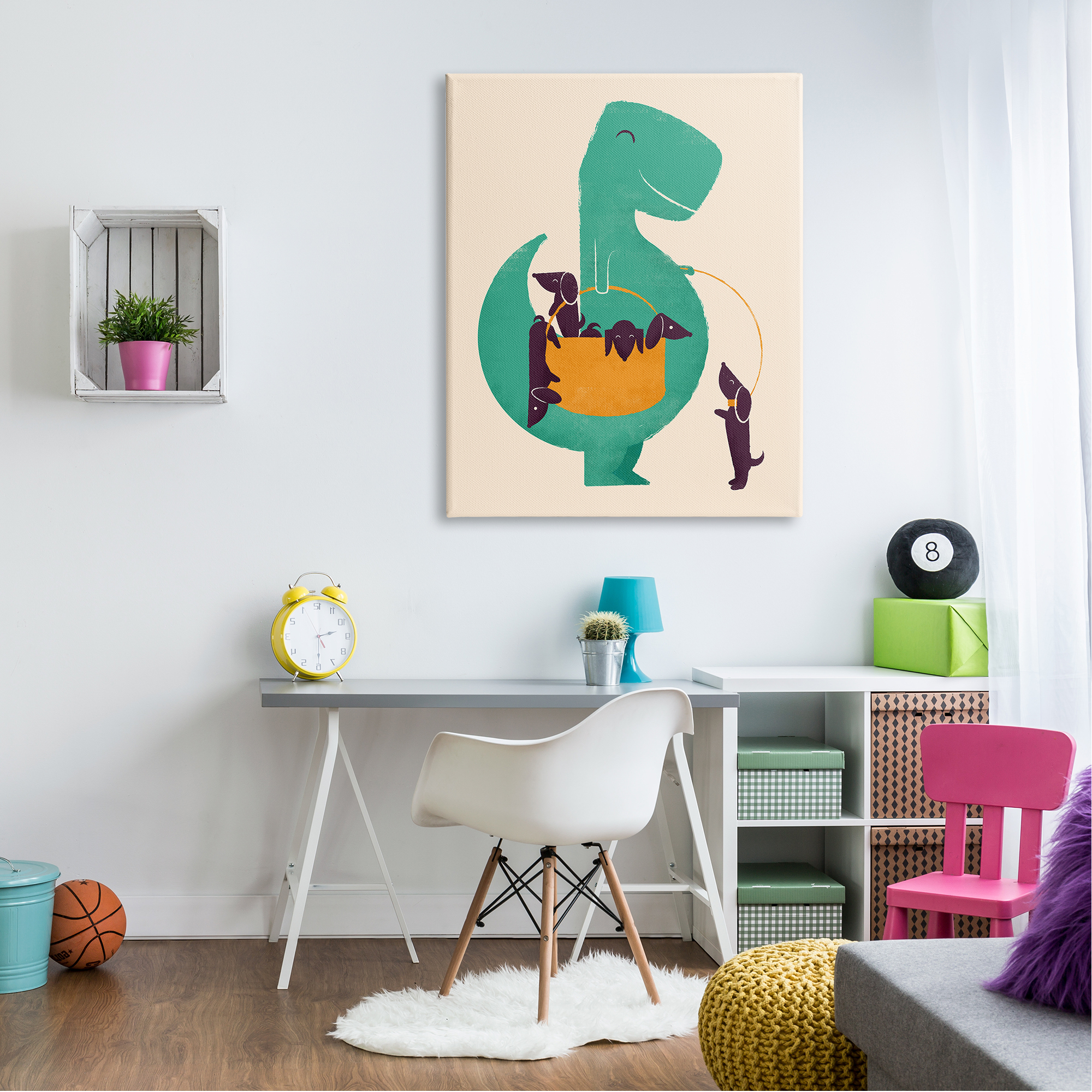 Stupell Industries Cartoon Dinosaur Dachshund Pet Dogs Puppies Basket Canvas Wall Art, 36 x 48, Design by Jay Fleck